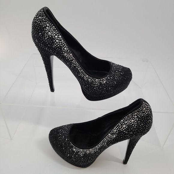 Aldo Black Satin & Rhinestone Stiletto Platform Pumps Size 9 - Picture 2 of 10